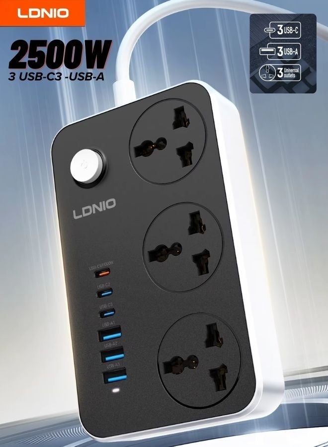 LDNIO Universal 3 Power Socket with 3 C Port 3 USB-A Extension – 2m Power Strip Charging Station, Perfect for Home/Office Use – Smart Auto-ID USB Ports, 2500W Surge Protection, Flame-Resistant, Black/Grey Rohs certification - Image 1
